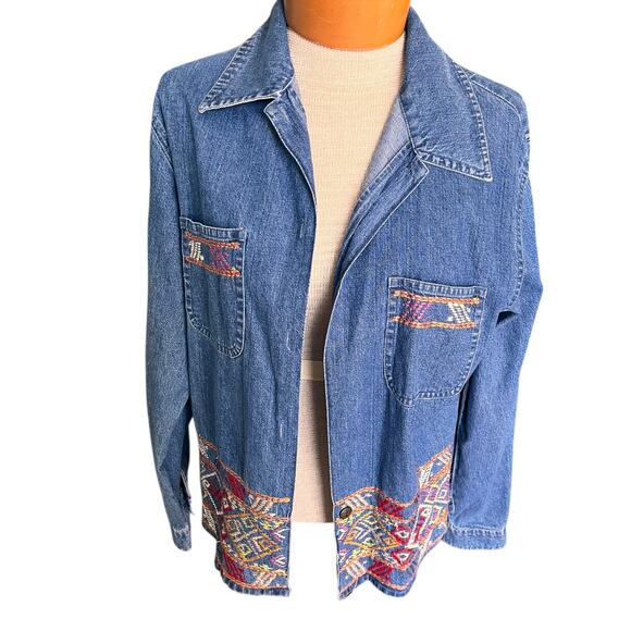 Vintage Agapo Womens Jacket Top Chambray Embroidered Southwestern Blue Red - Picture 2 of 8